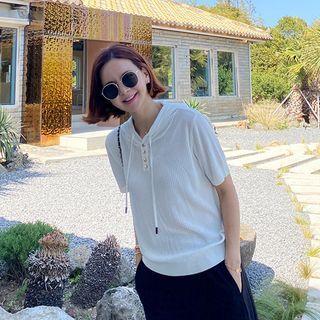 Buttoned Rib-knit Hoodie