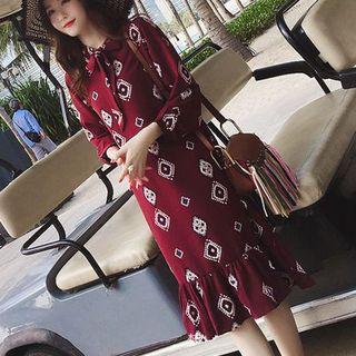 Long-sleeve Print Midi Chiffon Dress