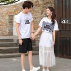 Couple Matching Set: Lettering Short-sleeve T-shirt Dress + Midi Mesh Skirt / Lettering Short-sleeve T-shirt / Plain Shorts
