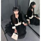 Long-sleeve Frill Trim Button-up Blouse / Bow Midi A-line Skirt