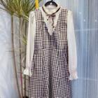 Mock Two-piece Long-sleeve Tie-neck Checked A-line Dress