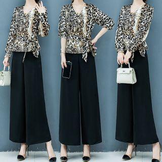 Set: Leopard Blouse + Wide-leg Pants