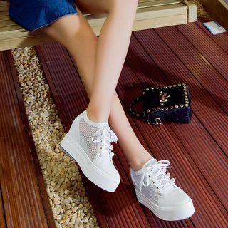 Mesh Panel Wedge Platform Lace Up Shoes