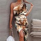 Short-sleeve One-shoulder Print Slit Midi Sheath Dress