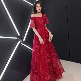 Lace Off-shoulder A-line Evening Gown / Midi Cocktail Dress