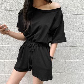 Drawcord-waist Sweat Playsuit Black - One Size