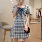 Short-sleeve Bow Plaid Mini A-line Dress