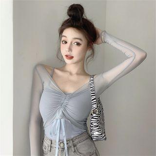 Set: Mesh Drawstring Long-sleeve Cropped Top + Camisole Top