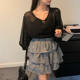 Long-sleeve Oversize Top / Plaid Cake Skirt