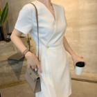 Short-sleeve V-neck One-button Mini A-line Dress