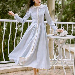 Faux Pearl Ribbon A-line Midi Shirtdress