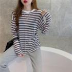 Round-neck Long Sleeve See-through Stripe Top As Shown In Figure - One Size
