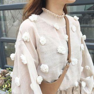 Long-sleeve Pompom-accent Top With Camisole