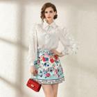 Set: Rhinestone Fringe Ruffled Blouse + Floral Jacquard A-line Skirt