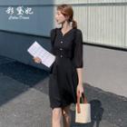 Plain Elbow-sleeve V-neck A-line Dress