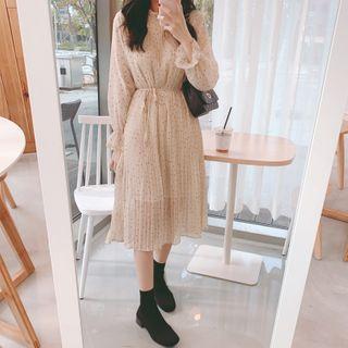 Dotted Long-sleeve Accordion Pleated Midi A-line Dress