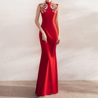 Mandarin Collar Embroidered Mermaid Evening Gown