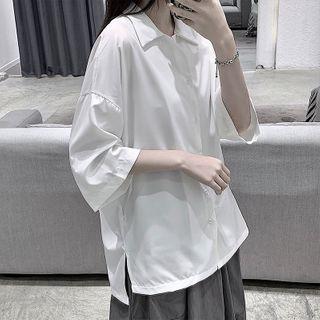 Plain Elbow-sleeve Slit Blouse