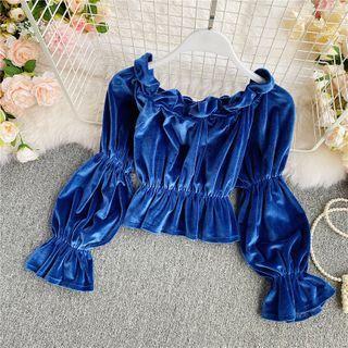 Ruffled Velvet Long-sleeve Blouse