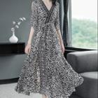Elbow-sleeve Leopard Print Midi Chiffon Dress