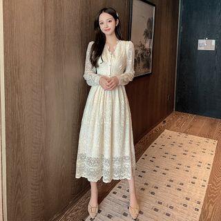 Long-sleeve Lace Buttoned Midi Dress
