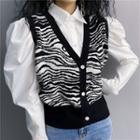 V-neck Printed Zebra Sleeveless Cardigan Black - One Size