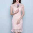 Lace Panel Short-sleeve Mermaid Dress