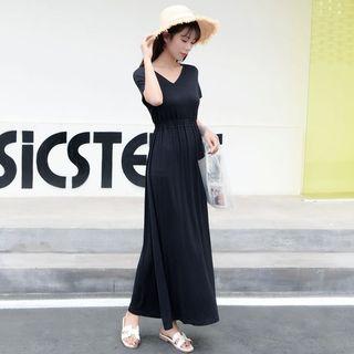 Short-sleeve A-line Maxi T-shirt Dress Black - One Size