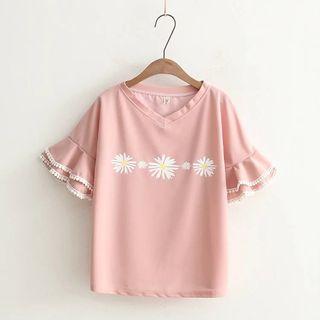 Flower Print Short Sleeve Chiffon T-shirt