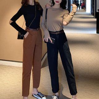 Set: Cut-out Long-sleeve T-shirt + Cropped Straight-fit Pants