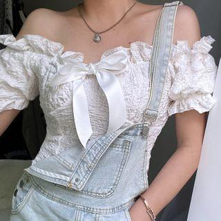 Of-shoulder Ruffled Shirred Blouse
