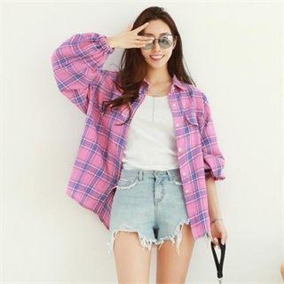 Bishop-sleeve Dip-back Plaid Shirt