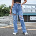 Distressed High-waist Loose-fit Split Jeans