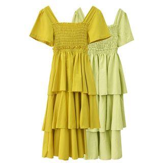 Short-sleeve Smocked Midi A-line Layered Dress