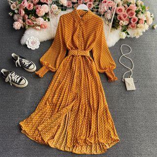 Long Sleeve Dotted Print Pleated Maxi Dress