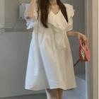 Short-sleeve V-neck Ruffle Trim A-line Dress