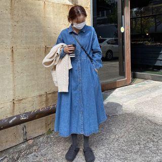 Collared Single Breasted Denim Dress Blue - One Size