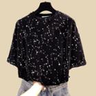 Short-sleeve Star Print Velvet T-shirt Black - One Size