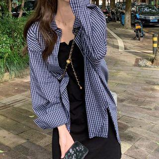 Long-sleeve Plaid Side Slit Loose Fit Shirt Shirt - Plaid - Blue - One Size