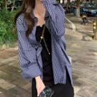 Long-sleeve Plaid Side Slit Loose Fit Shirt Shirt - Plaid - Blue - One Size
