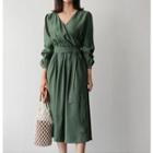 3/4-sleeve A-line Midi Dress Dark Green - One Size