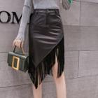 Faux Leather Fringed Midi A-line Skirt