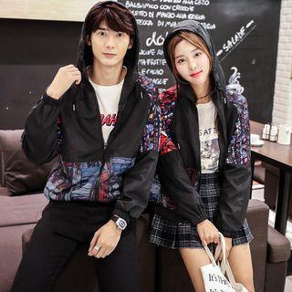 Couple Matching Printed Panel Hooded Jacket