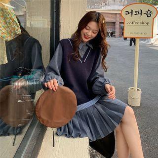 Long-sleeve Panel Pleated Dress + V-neck Knit Vest