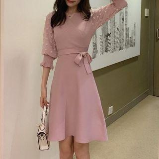 Mesh-sleeve Wrap A-line Knit Dress