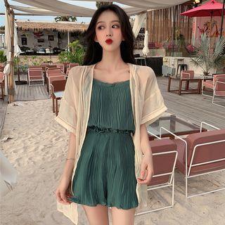 Open Front Crochet Panel Top / Lace Trim Pleated Camisole