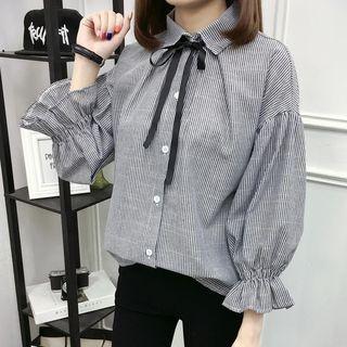 Puff-sleeve Striped Tie-neck Shirt