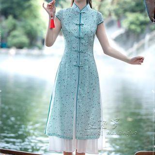Set: Plain Midi Tank Dress + Floral Short-sleeve Frog-button Jacket