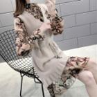 Set: V-neck Knit Vest + Lettering Flared-cuff A-line Dress