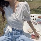 Tie-waist Short-sleeve Blouse White - One Size